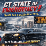 CT State of Emergency during blizzard with travel ban in effect near Bradley Airport and safe limo service operating in Connecticut snowstorm.