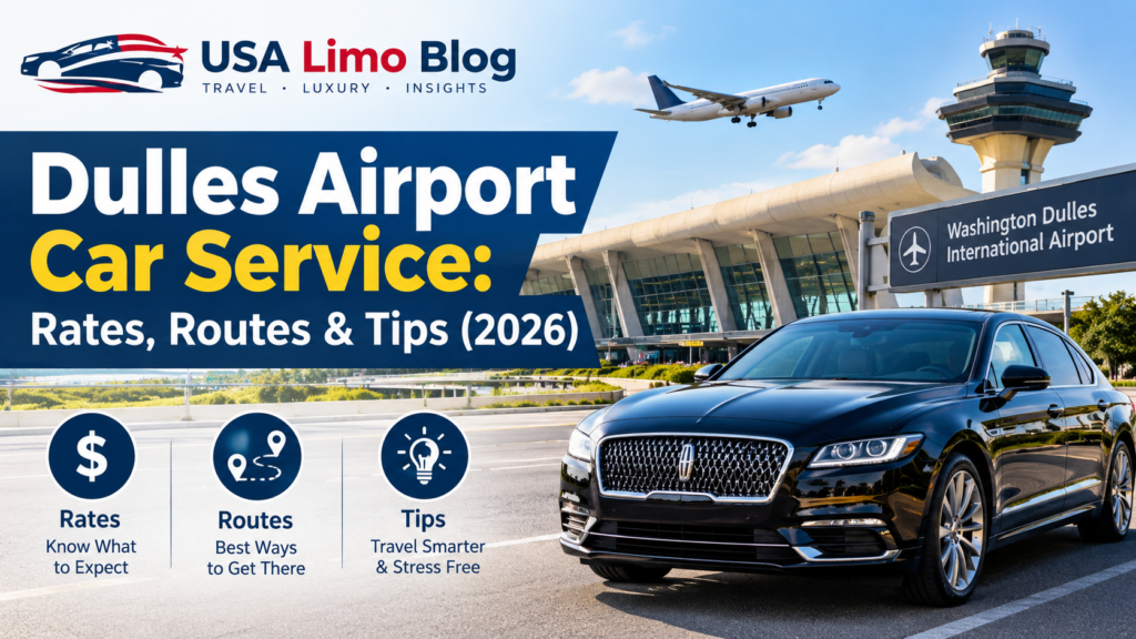 Black luxury sedan outside Washington Dulles International Airport, a Dulles Airport car service for 2026