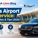 Black luxury sedan outside Washington Dulles International Airport, a Dulles Airport car service for 2026