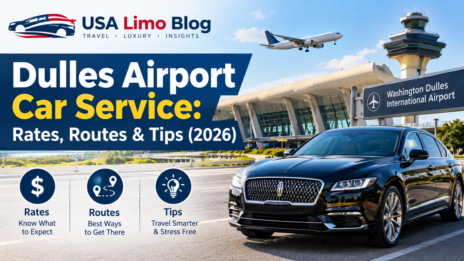 Black luxury sedan outside Washington Dulles International Airport, a Dulles Airport car service for 2026